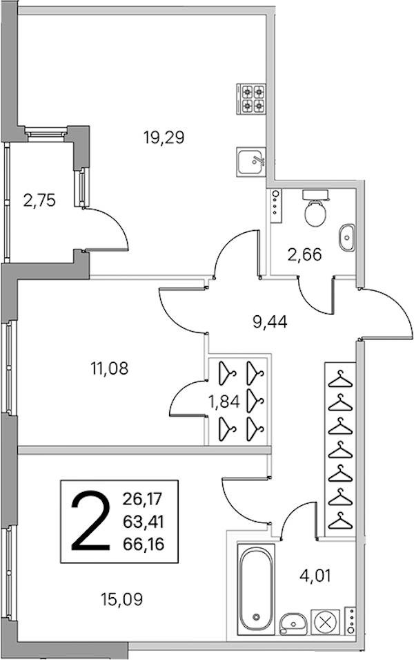 2-комнатная квартира 64.79 м², 1/4 эт., ЖК «Любоград в Стрельне»